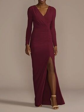 David's Bridal - Long Sleeve Ruched Jersey Sheath Dress , Wine (Red), size 14